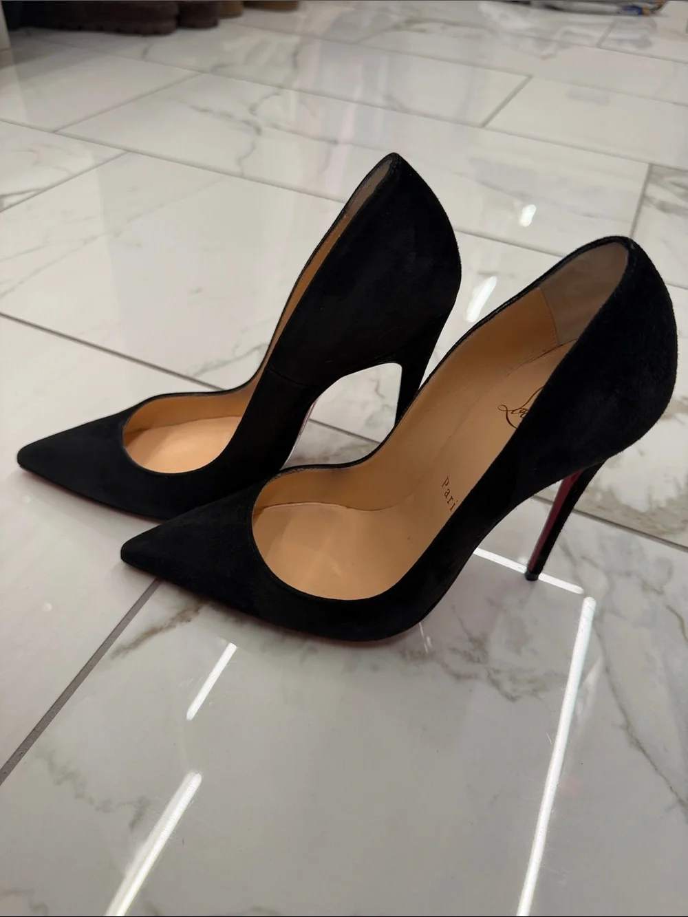 Christian Louboutin Black Suede Pointed Pumps with Signature Lining